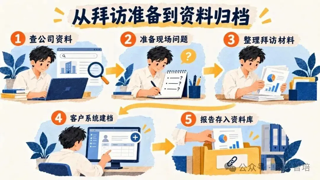 图片展示了从拜访准备到资料归档的五步工作流程。1. 查公司资料,人物在电脑前查阅资料;2. 准备现场问题,人物在笔记本上记录问题;3. 整理拜访材料,人物在整理文件;4. 客户系统建档,人物在电脑上操作系统;5. 报告存入资料库,人物将文件放入文件夹。该图与上文提到的AI按调研Skill准备材料、按工作台SOP建档、关联业务、归档等内容相呼应,直观呈现了工作流程。