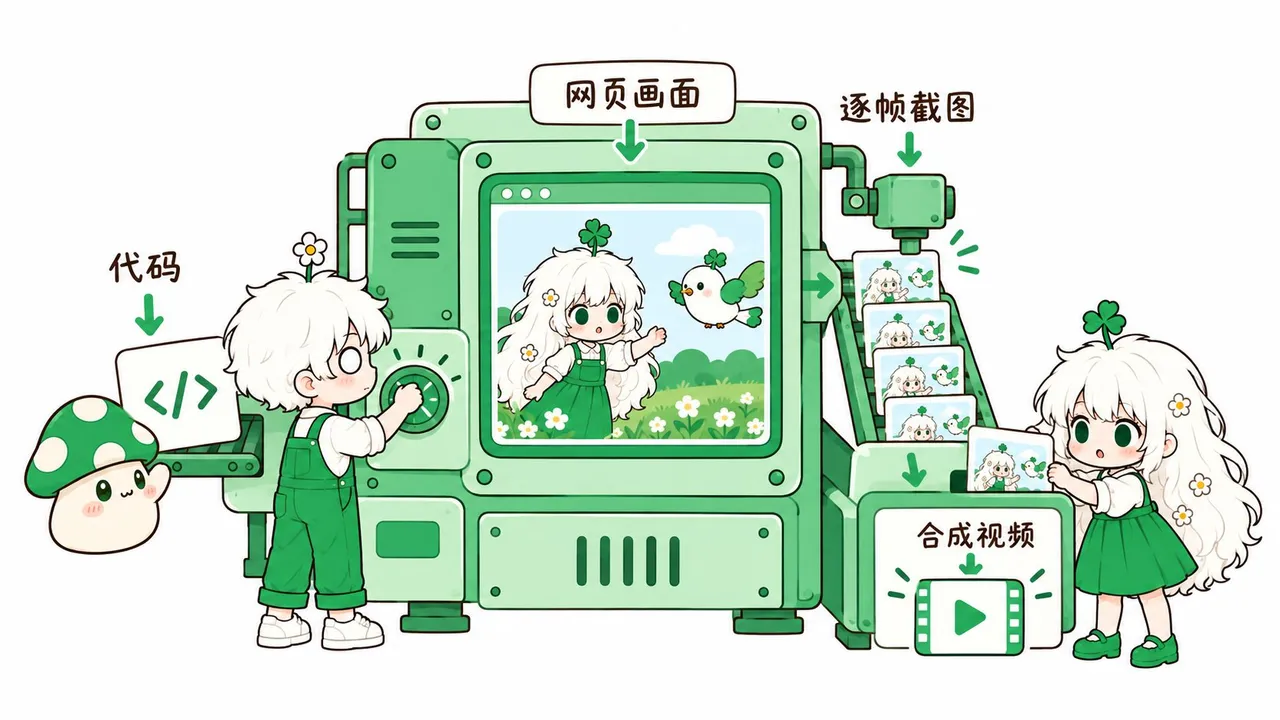 图片展示了网页视频制作流程。左侧是代码，中间是网页画面，右侧是逐帧截图，下方是合成视频。画面中有一个绿帽子的蘑菇、一个戴花眼镜的白发男孩、一个白发女孩。男孩在操作机器，机器上有“网页画面”“逐帧截图”标识，女孩在观看合成视频。该图与上文介绍的网页视频制作流程内容相呼应，直观呈现了从代码到视频的制作过程。