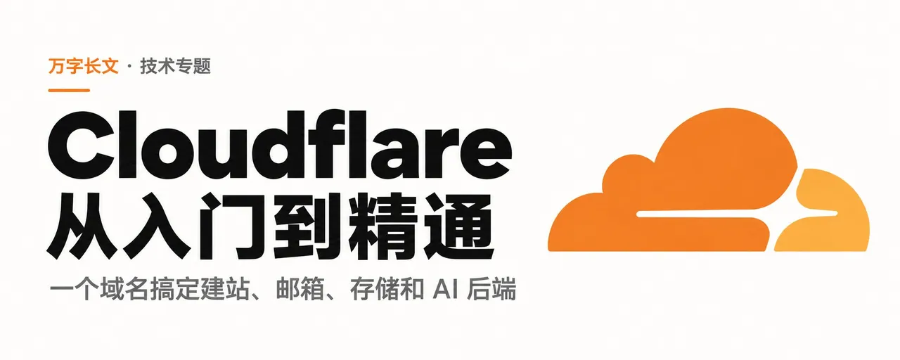 这张图片是技术专题的主题标识，左侧标注有“万字长文·技术专题”，下方依次为主题标题“Cloudflare从入门到精通”，以及说明文字“一个域名搞定建站、邮箱、存储和AI后端”，右侧配有Cloudflare标志性的橙色云朵样式品牌标识，该图片对应文档开头的专题标题部分，点明了本次内容围绕Cloudflare展开，聚焦借助一个域名实现多种相关服务的讲解主题。