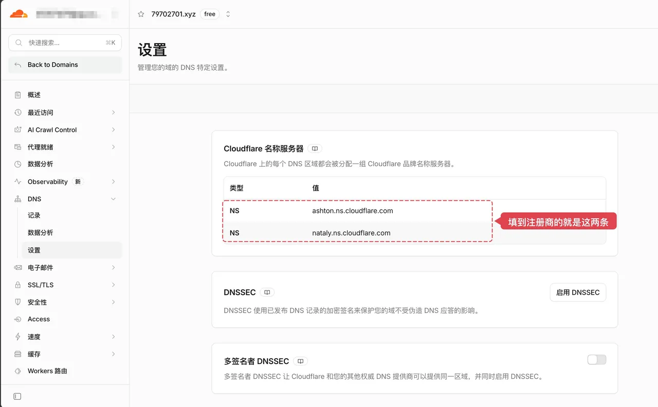 图片展示的是Cloudflare域名设置页面。左侧导航栏有多个选项，当前选中“设置”。页面上方显示域名“79702701.xyz”。中间区域有“Cloudflare名称服务器”和“DNSSEC”设置内容。其中，“Cloudflare名称服务器”部分显示了两条名称服务器地址，分别为“ashton.ns.cloudflare.com”和“nataly.ns.cloudflare.com”，并有红色框线突出显示。该图片与上文提到的“回到买域名的地方，把原来的域名服务器换成这两条”内容相关，直观呈现了需填写到注册商的域名服务器地址。