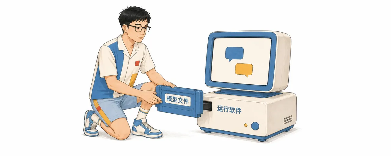图片展示了一位戴眼镜的男孩，他正跪在地上，左手拿着标有“模型文件”的蓝色盒子，右手将盒子插入一台标有“运行软件”的电脑中。电脑屏幕上显示两个对话框图标。该图与文档中“模型怎么下载？下载完又怎么用？”部分内容相关，直观呈现了从模型文件下载到运行软件的场景，帮助理解模型下载后与软件结合使用的过程。