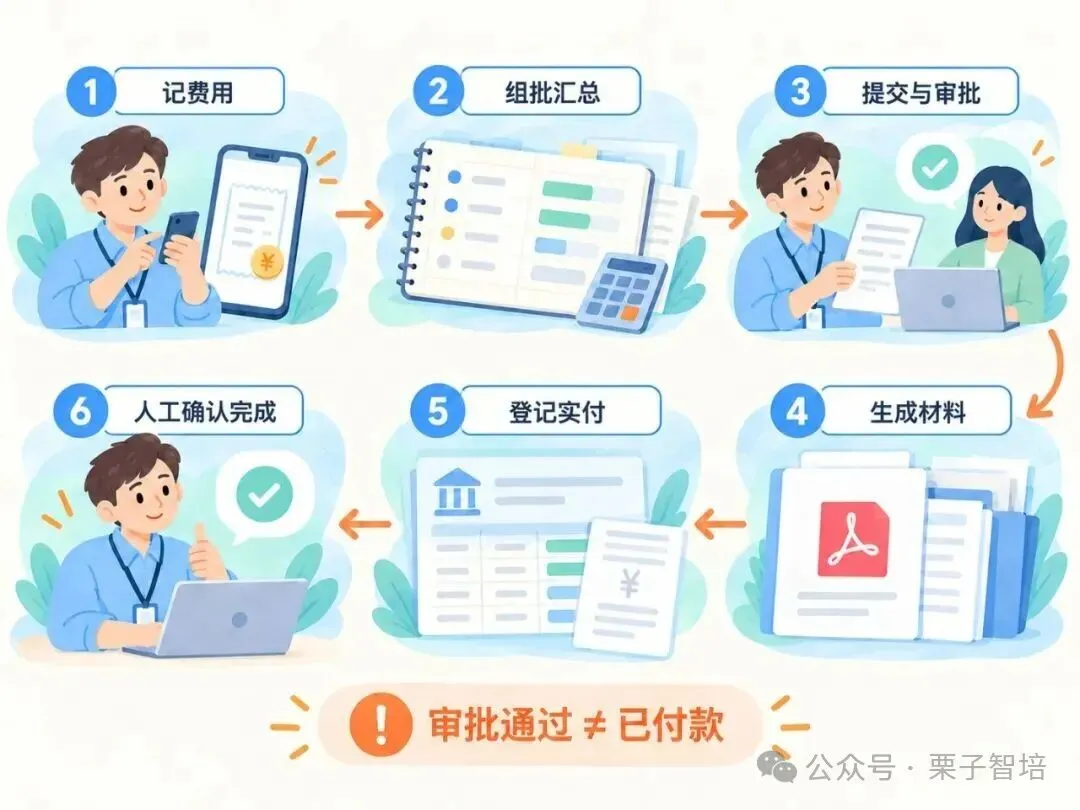 图片展示了费用报销流程的六个步骤。1. 记费用,经办人记录费用;2. 组批汇总,将费用汇总;3. 提交与审批,提交报销申请并审批;4. 生成材料,生成报销材料;5. 登记实付,登记实际付款;6. 人工确认完成,人工确认批次已完成。底部提示“审批通过 ≠ 已付款”。该图与上下文紧密相关,直观呈现了报销流程,帮助理解报销操作步骤。