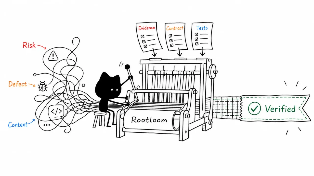 Rootloom 把风险、缺陷与项目上下文同证据、范围与测试编织在一起,产出经过验证的改动