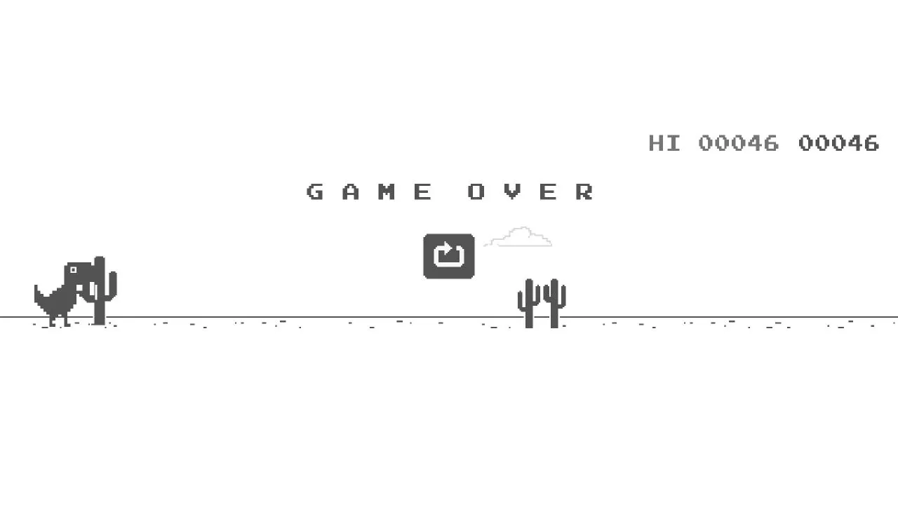 图片展示的是REA官方恐龙实验室游戏的“GAME OVER”画面。画面中,左侧有一只黑色恐龙,右侧有两棵仙人掌,中间有“GAME OVER”字样,下方有一个红色按钮,按钮上方有“RETRY”字样。画面右上角显示“HI 00046 00046”。该图片与上文提到的先打开REA官方恐龙实验室,对照图依次做三个动作的内容相关,展示了游戏失败后的界面。