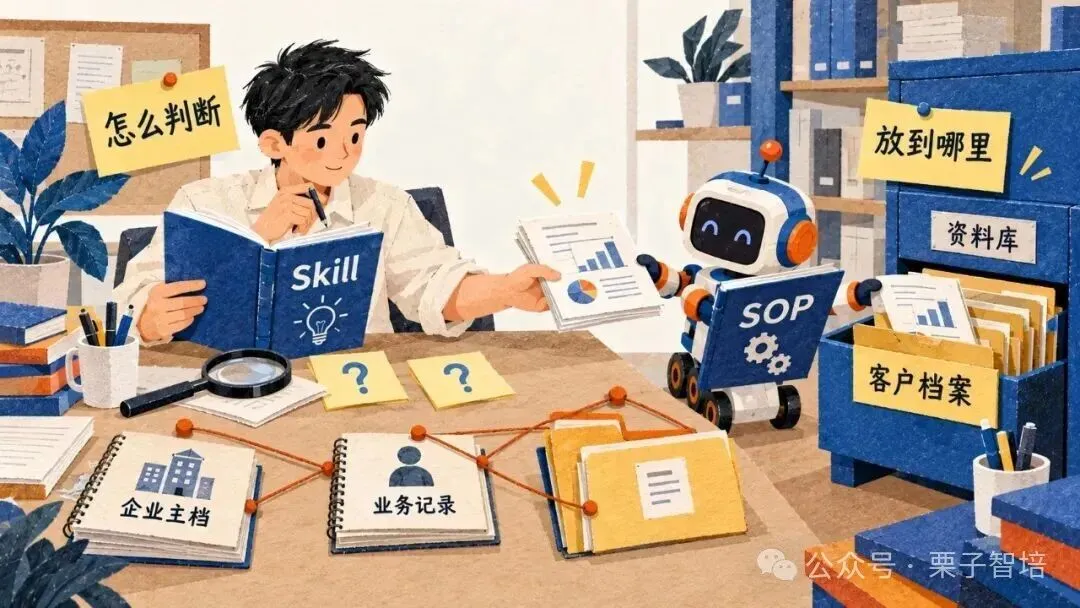 该插画对应文档中说明调研Skill与工作台SOP分工的内容,清晰呈现了二者的职责划分。画面中,手持写有“Skill”书籍的人物与印有“SOP”字样的机器人相互配合,分别对应调研Skill与工作台SOP。画面左侧设置“怎么判断”的指引,体现Skill负责将企业研判清楚、输出对应维度内容的职责;画面右侧设有标注“放到哪里”的资料柜,对应SOP负责将内容存入指定的客户档案、资料库并完成建档的职责,整体直观展现了二者的明确分工。