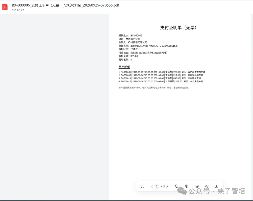 图片展示的是费用报销系统生成的材料包内容,为“EX - 000005支付证明单(无票)_省级材料包_20260925 - 070555.pdf”。文件大小为615.06 KB,显示了费用明细,包括费用类型、费用编号、费用金额、费用日期、费用描述等信息,如交通费、办公用品费等。该图片与上下文紧密相关,直观呈现了系统自动生成的凭证材料包,与上下文提到的系统读取关联凭证材料并排版成规范PDF文件的内容相契合。