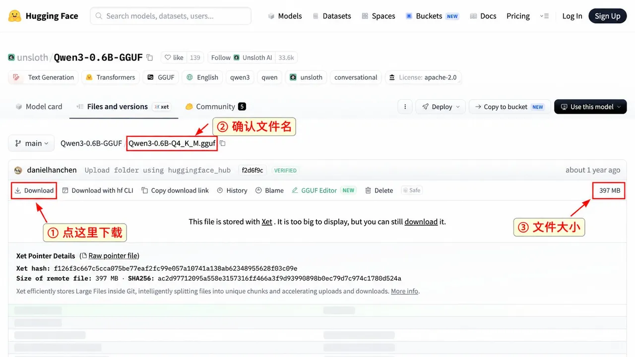 这张图片展示了Hugging Face平台的文件详情页界面，对应文档中关于模型下载的内容。图片中用红色箭头和序号标注了关键信息：①是“Download”按钮，为文件下载入口；②标注了当前选中的文件名为“Qwen3-0.6B-GGUF/Qwen3-0.6B-Q4_K_M.gguf”，方便用户确认下载文件的正确性；③标注了该文件大小为397 MB，与文档中提到的文件体积信息对应，辅助用户确认下载文件的规格。