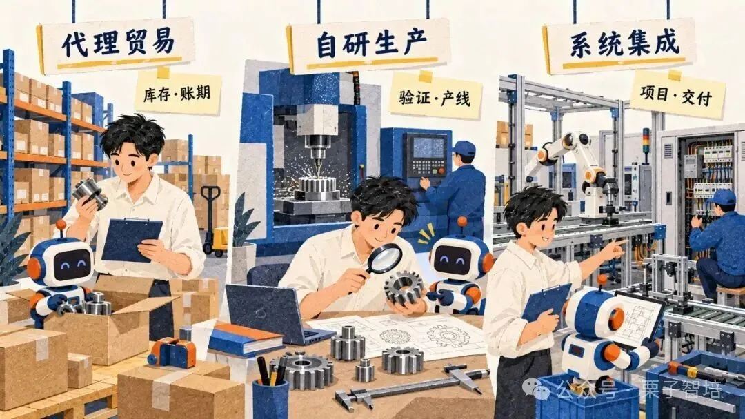 这张图对应文档中说明不同精密传动部件业务类型的内容,展示了三类不同业务模式的场景:第一类是代理贸易,场景里有仓库货架、货物纸箱,标注的核心关注环节为库存、账期;第二类是自研生产,搭配有工业机床、工程师,核心关注环节为验证、产线;第三类是系统集成,场景含自动化设备,核心关注环节为项目、交付。每类业务场景都配有处理工作的人员与协助的机器人,直观体现了文档中“同样卖零件,重点关注的经营环节不同”的表述。