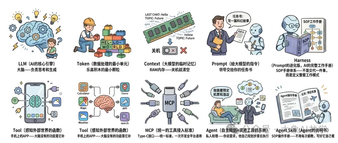 图片展示了上下文档中介绍AI圈概念的内容,以插画形式呈现。图中展示了LLM(AI的核心引擎)、Token(数据处理的最小单元)、Context(大模型的临时记忆)、Prompt(给大模型的指令)、Tool(感知外部世界的函数)、MCP(统一的工具接入标准)、Agent(自主规划和调用工具的系统)、Agent Skill(Agent的说明书)等概念。这些概念与文档中对AI圈最烧脑概念的介绍相呼应,直观呈现了各概念的含义及相互关系。