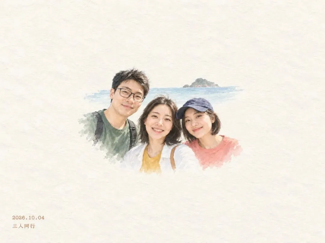 三人合影淡彩小画
