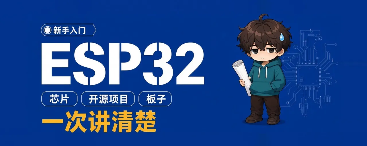 图片为ESP32新手入门宣传图，背景为蓝色。左侧有“新手入门”标识，下方大字“ESP32”，再下是“芯片”“开源项目”“板子”三个标签，最下方是“一次讲清楚”字样。右侧是一个卡通男孩形象，手持卷轴，表情略显疲惫，头上冒汗，旁边有电路板图案。图片与文档中介绍ESP32芯片、开源项目和板子等内容相呼应，起到引导和说明的作用。