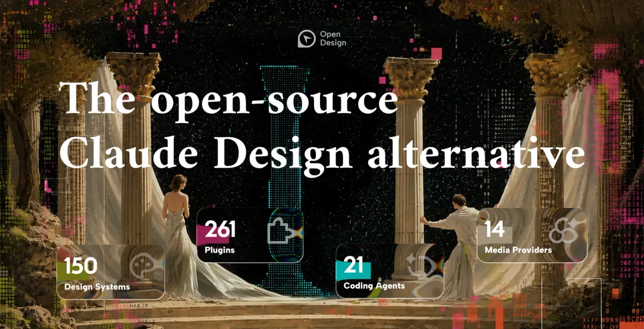 Open Design 英雄横幅——标题“开源替代 Claude Design”置于古典柱廊和长袍人物形象之上,背景为数字代码,带有设计系统、插件、编码 agent 和媒体提供者的统计卡片