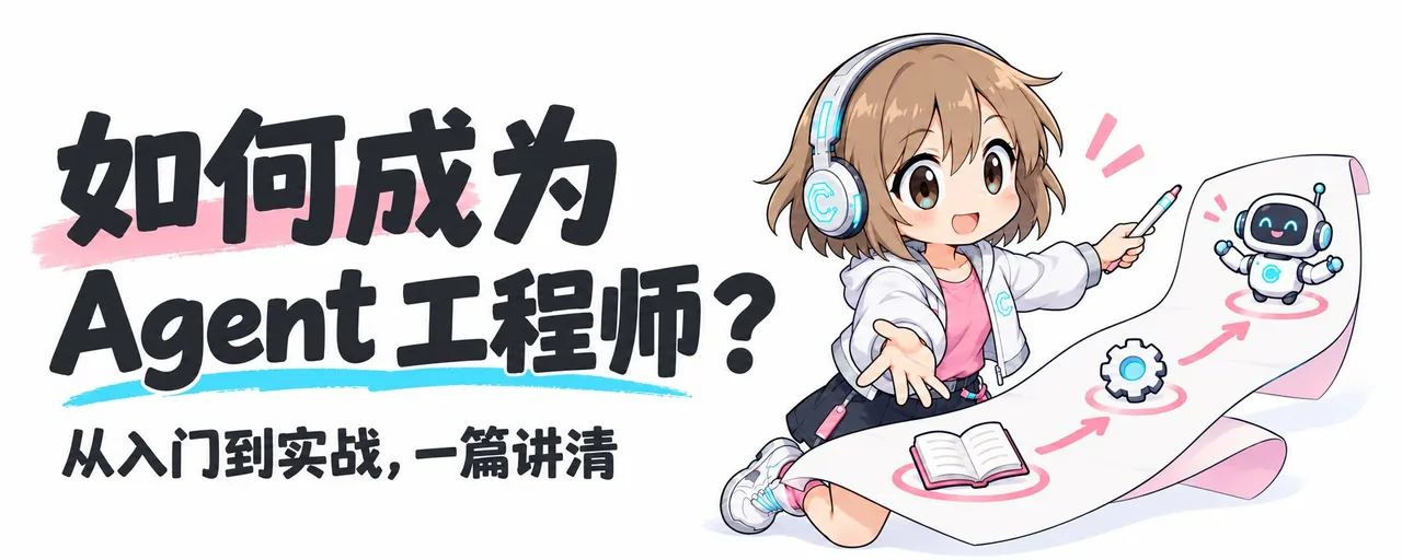 图片以卡通风格呈现，左侧大字标题为“如何成为Agent工程师？”，下方副标题为“从入门到实战，一篇讲清”。右侧是一位戴着耳机、手持笔和纸的卡通女孩，纸上有机器人、齿轮、书本等图案，女孩正指向纸上的机器人。这张图片与文档中介绍的《Agent工程师入门指南》相呼应，直观地传达了文档主题，即围绕AI应用开发方向，从入门到实战，详细讲解如何成为Agent工程师，帮助读者了解学习路线和相关内容。