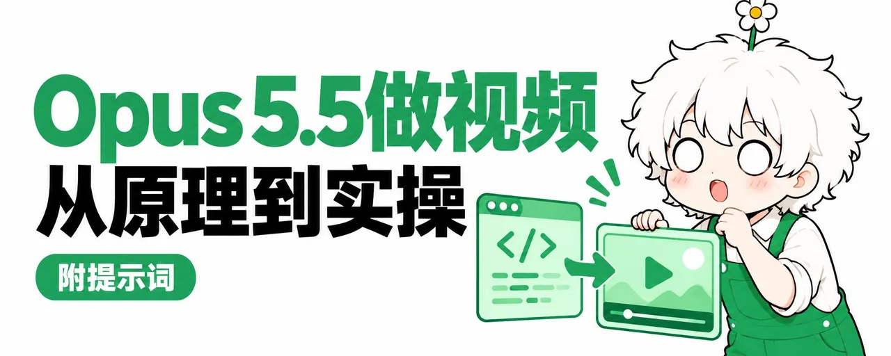 这是一张适配零基础学习Opus 5.5制作AI视频的教学宣传图，左侧依次标注了核心主题“Opus 5.5做视频”、学习方向“从原理到实操”，还有“附提示词”的辅助信息，右侧是一个留着白色短发、头顶带有花朵装饰的卡通角色，正将代表代码的文件图标指向代表视频的播放器图标，整体直观呈现了利用Opus 5.5借助代码实现AI视频制作的内容，契合文档分享零基础入门用该工具做AI视频的主题。