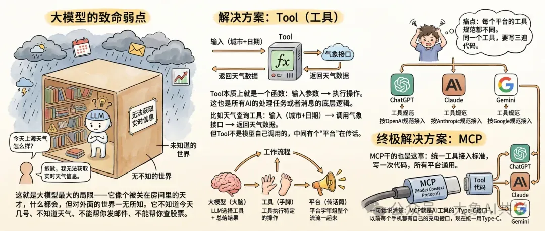 图片展示了大模型的局限及相应解决方案。左侧指出大模型如同被关在房间里,无法获取实时信息,是其最大局限。中间介绍解决方案为Tool(工具),本质是函数,输入参数可执行操作,如调用天气数据。但存在平台规范不同问题。右侧给出终极解决方案MCP,即统一工具标准,写一次代码适用于所有平台,可避免各平台工具规范不同的麻烦,让每个手机都有自己的充电口这类问题不再出现。图片与上文介绍的AI概念形成补充,说明AI工作的底层逻辑。