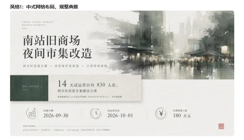 这张图片展示了南站旧商场夜间市集改造的中式网格风格方案页，风格标注为规整典雅。页面标题为“南站旧商场夜间市集改造”，属于四分区改造方案、首层夜市化改造及立项评审材料相关内容。页面中间板块标注关键信息：14天试运营日均达830人次，四分区改造方案建议立项，还标明了决策日期为2026-09-30、试运营启动日期为2026-10-01，预算上限为180万元。背景是水墨风的城市市集场景，契合中式典雅的风格，该内容属于WorkBuddy中实现中国风PPT美化的实测案例，和文档介绍的中国风PPT美化功能相呼应。