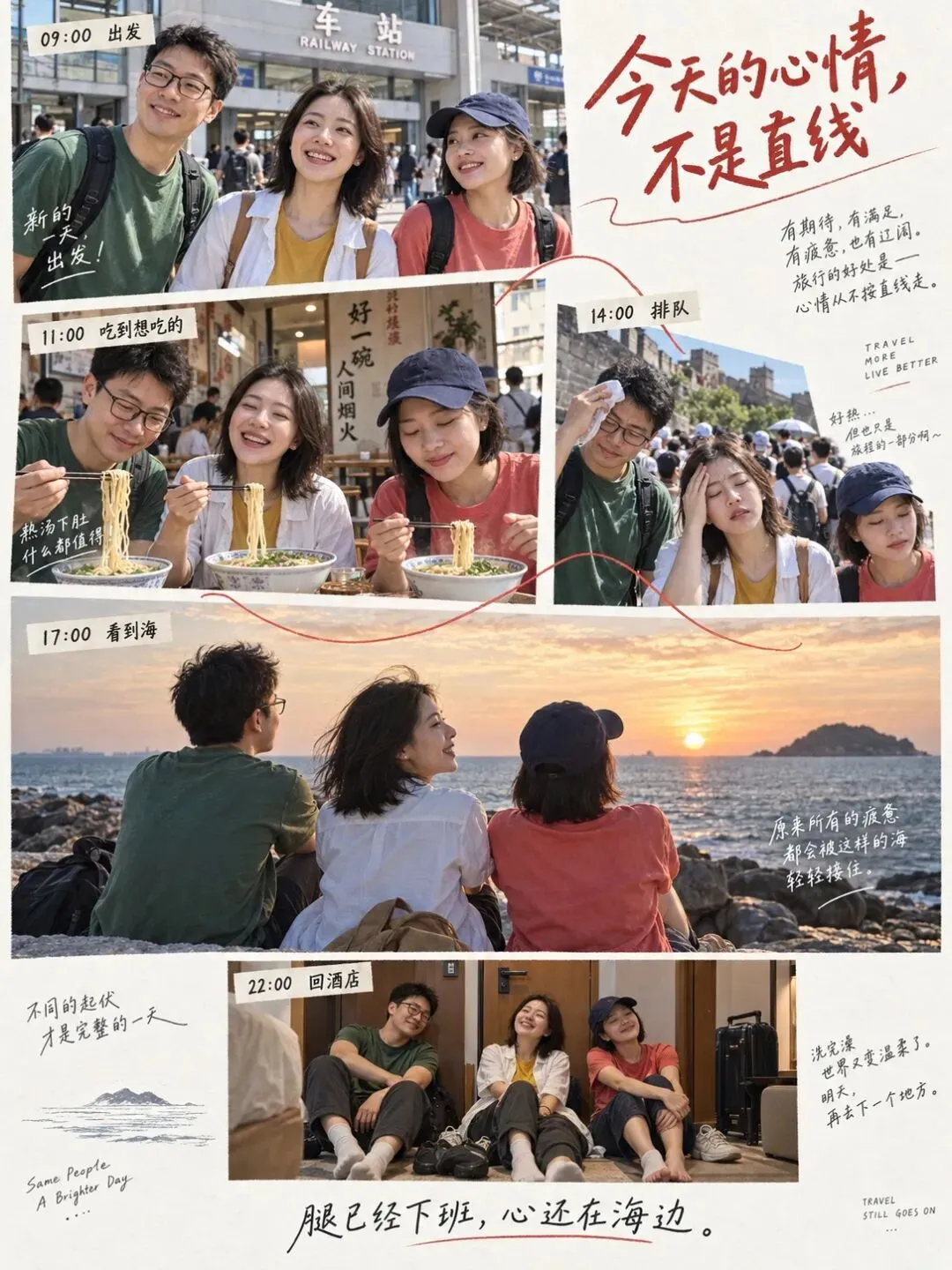 五个真实摄影质感的旅行瞬间,由一条细红情绪线连接