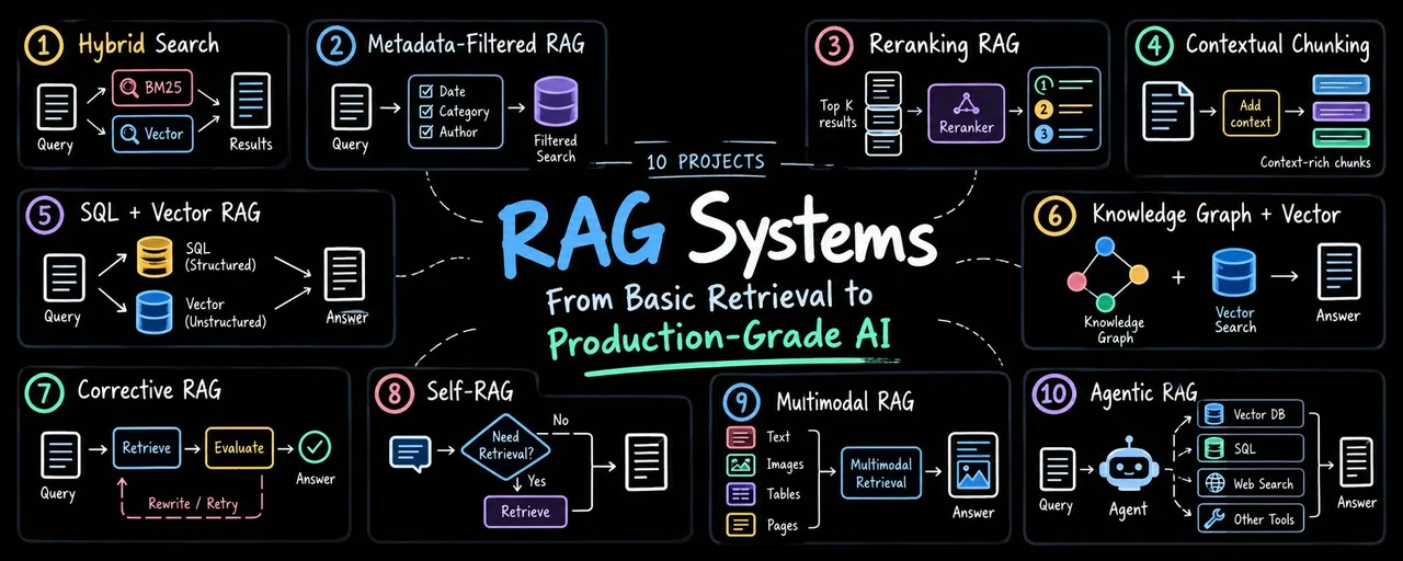 这张图展示了从基础检索到生产级AI系统的10种RAG项目方案，是对上文中基础RAG流水线难以应对的现实场景的解决方案梳理。这些方案涵盖了不同的优化方向，包括支持混合搜索以应对语义搜索遗漏关键词的问题，通过元数据过滤满足用户对文档特定日期、类别的需求，借助重排序优化检索结果，还包含上下文分块、结合结构化SQL与非结构化向量检索、利用纠错机制迭代答案、引入自我反思、多模态检索、结合知识图谱或代理工具等多种实现路径，每一种方案都针对RAG系统在实际应用中可能遇到的特定问题给出了对应的解决思路。