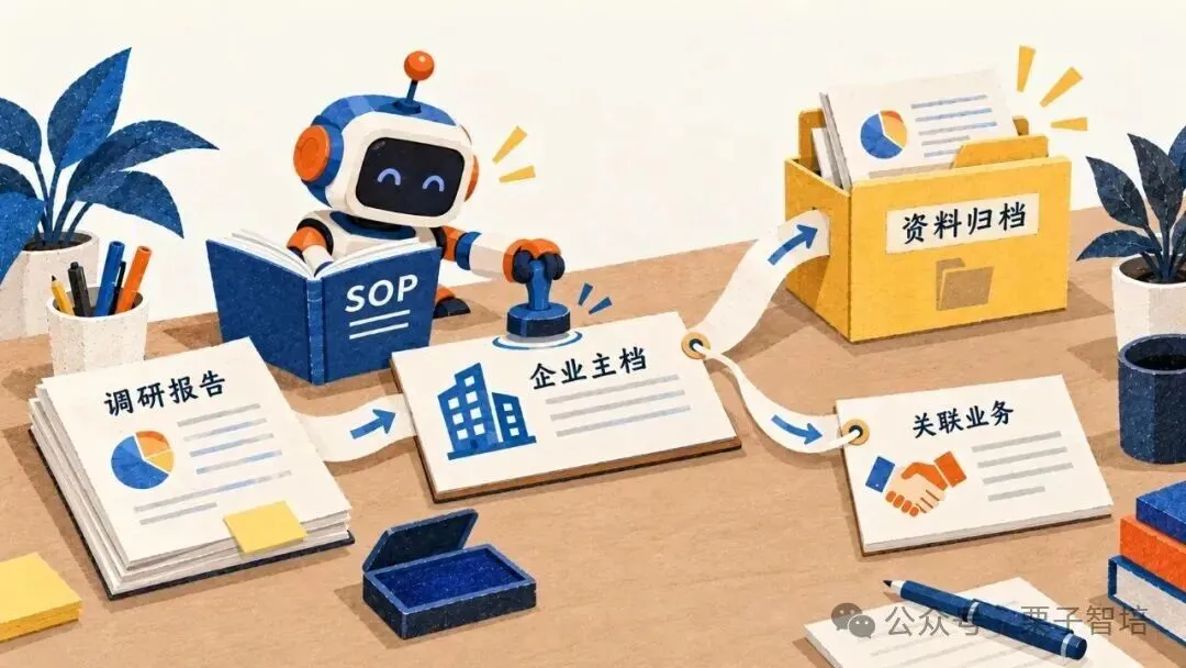 图片为示意插画,展示机器人在办公桌前操作。桌上有“SOP”书籍、企业主档、调研报告、资料归档、关联业务等物品,企业主档被盖上蓝色印章。背景有绿植和文件夹,整体色调明亮。该图与上下文关系紧密,直观呈现了豆包调用工具按SOP建立企业主档、关联业务与归档报告的操作流程,契合文档中“企业主档只建一份,消灭信息副本”的主题。