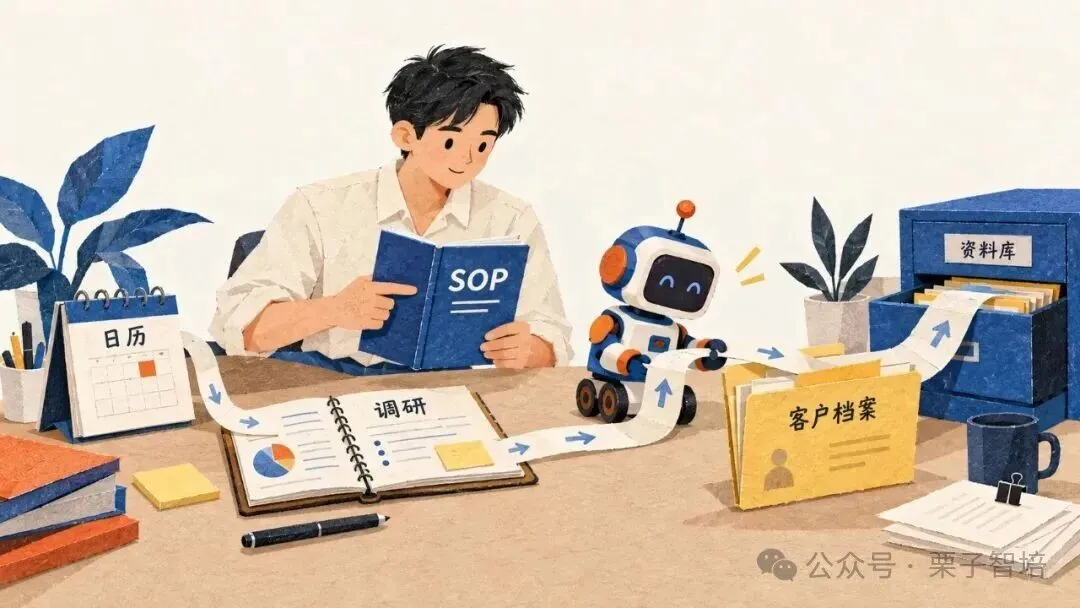 这张为AI业务落地相关的示意插画,核心围绕拜访业务的流程展开:桌上设有标有“日历”的日程本、标有“调研”的工作笔记本,一名男士正手持标注“SOP”的手册;右侧有拟人化的AI机器人,带有箭头的胶带从“调研”笔记本延伸至标注“客户档案”的黄色档案袋,最终送入标有“资料库”的蓝色文件柜,直观呈现了从按SOP执行流程、调研整理资料到归档客户信息的完整拜访业务闭环,契合文档中AI辅助业务运转的落地内容。