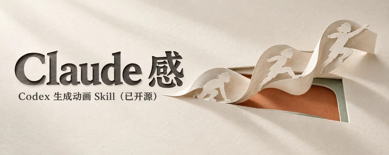 图片展示的是Claude感 - Codex生成动画Skill（已开源）的宣传图。背景为浅色纸张质感，右下角有剪纸风格的人物剪影，左侧有“Claude感”字样，下方标注“Codex生成动画Skill（已开源）”。该图片位于介绍Claude Motion v0.2.0-beta.1版本及起源的文档中，用于强调文档主题，突出Codex生成动画Skill已开源这一核心信息。