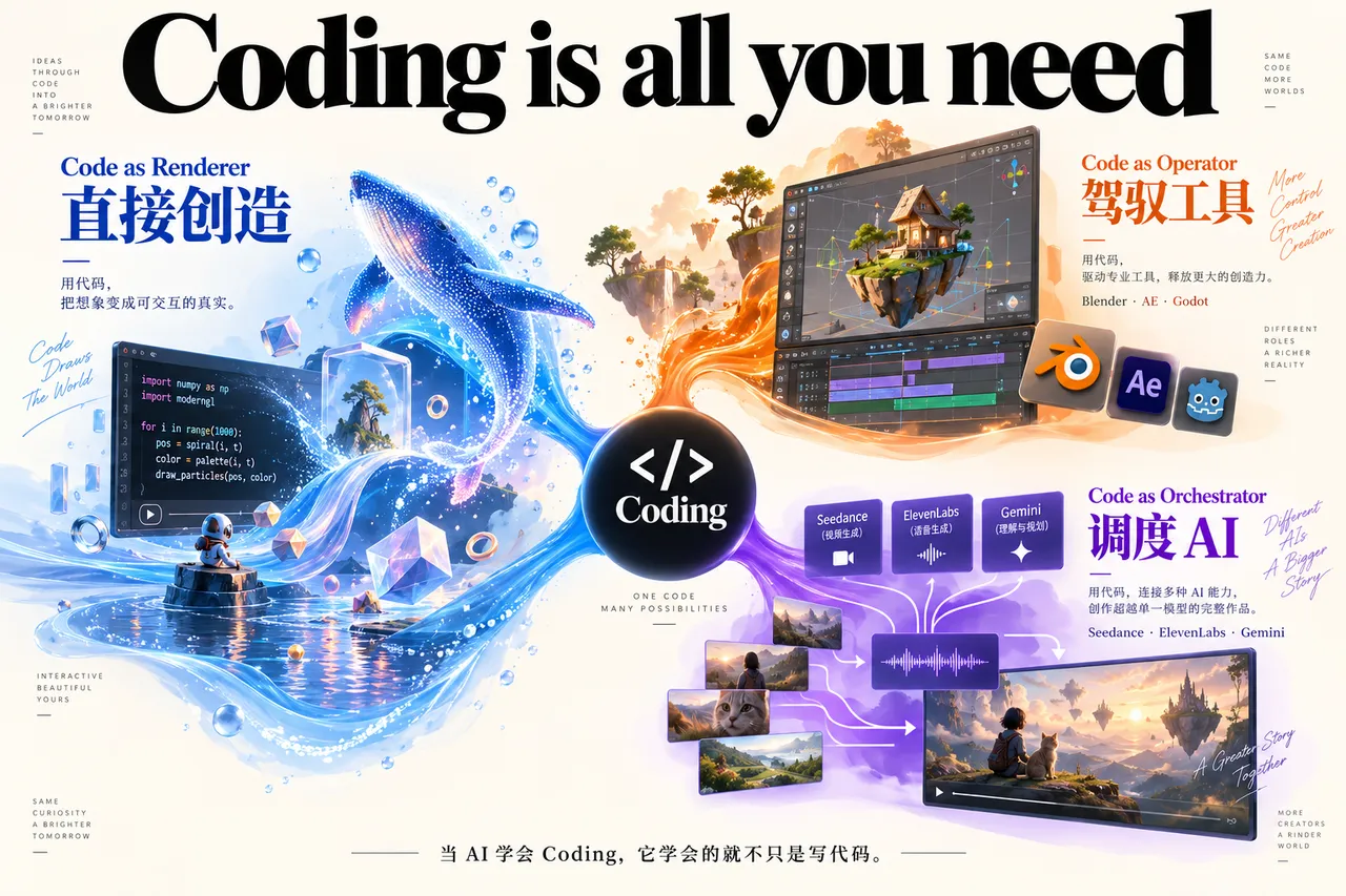 图片以“Coding is all you need”为标题，阐述代码是通往一切的接口。左侧“Code as Renderer”展示代码生成图像，代码可将想象变为交互的真实；中间“Code”以代码符号为中心，连接代码生成图像、视频、音乐等；右侧“Code as Operator”“Code as Orchestrator”分别介绍代码作为操作工具、调度AI的能力。图片与上下文紧密相关，直观呈现了代码在不同场景下的应用，呼应了文档中关于代码是通往视频、音乐等一切入口的观点。