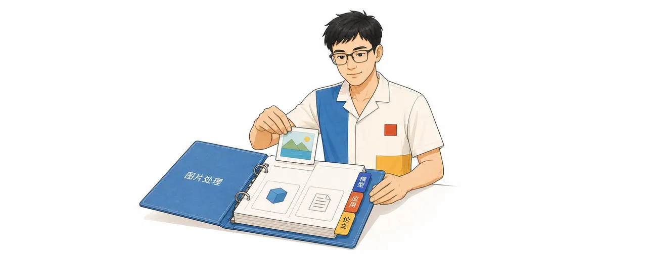 这张图呈现了一位戴黑框眼镜的年轻男士，他正从一张印着山水图案的小卡片上取下照片，准备放入面前蓝色的活页文件夹中。文件夹封面印有“图片处理”字样，内页上还放置着六边形图形、文档样式的标识，文件夹侧边有黄、红、蓝三色标签，分别标注“素材”“图片”“文档”。这幅图对应文档中介绍Hugging Face Collections整理资源的内容，形象展示了分类存储各类资料的核心操作，贴合整理资源的主题。