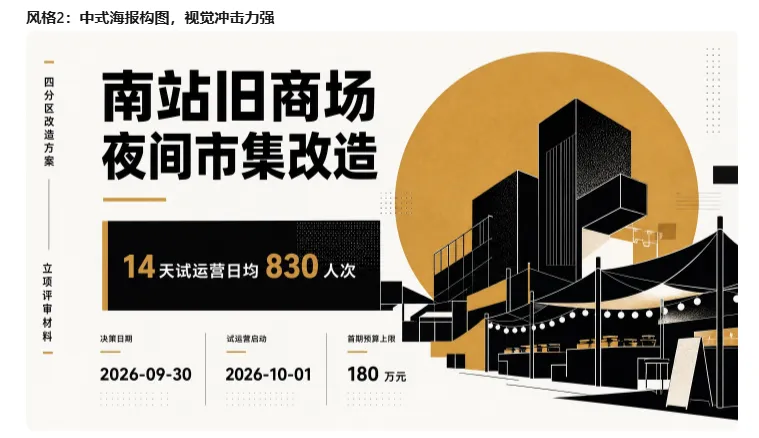 图片展示的是WorkBuddy中的一款中式海报，标题为“南站旧商场夜间市集改造”，强调14天试运营日均830人次，配以2026年9月30日的决策日期、10月1日的试运营启动日期及180万元的前期预算上限。画面右侧有圆形背景和建筑图案，左侧有“四分区改造方案”“立项评审材料”等文字。该图片与文档中介绍WorkBuddy美化功能的内容相关，展示了其中式海报风格，体现其视觉冲击力强的特点。