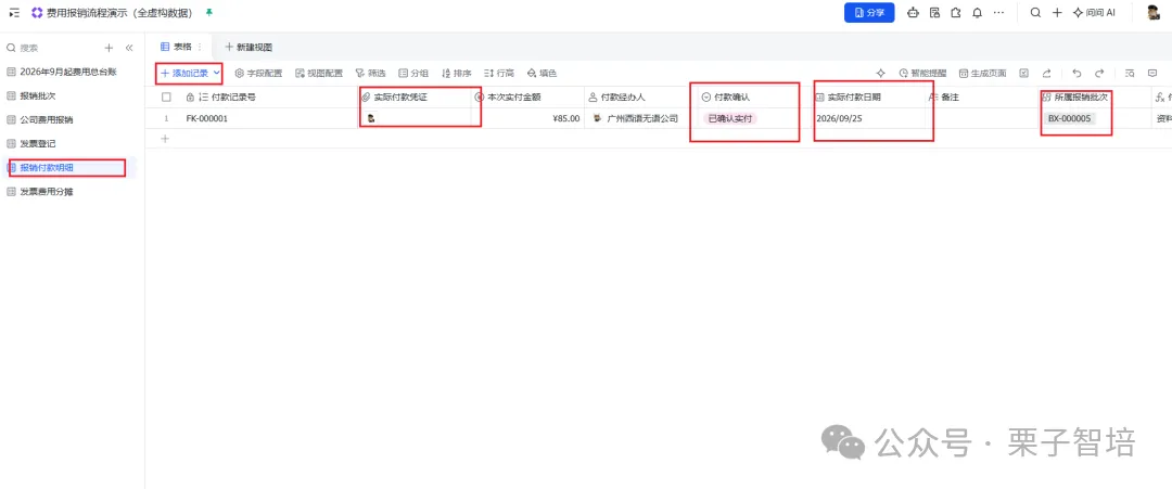 图片展示了费用报销流程中付款明细的登记界面。左侧有“费用报销流程”等导航栏,右侧是付款记录列表,显示付款记录号、实际付款凭证、本次实际金额、付款经办人、付款确认、实际付款日期、备注等信息。其中,付款经办人处显示“广州西度速递公司”,付款确认处显示“已确认支付”,实际付款日期为2026/09/25,备注处有“BK - 000005”。该图与上下文介绍的费用报销流程中付款明细单独登记实际付款,并关联对应报销批次的内容相契合。