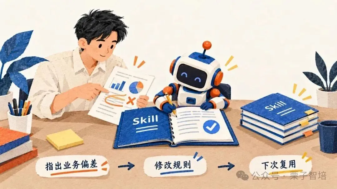 这是一张关于AI业务落地流程的示意插画,对应文档中关于更新Skill文件的内容。插画里,一名男性指着带图表的纸张,向一旁的AI机器人指出业务偏差,接着下方箭头依次标注“指出业务偏差”“修改规则”“下次复用”三个步骤:AI机器人正握着笔修改翻开的Skill文件,桌面还摆放着堆叠的Skill相关资料,直观呈现了文档中“指出业务偏差、优化规则写回Skill文件,后续可复用更新后的Skill”的闭环流程。