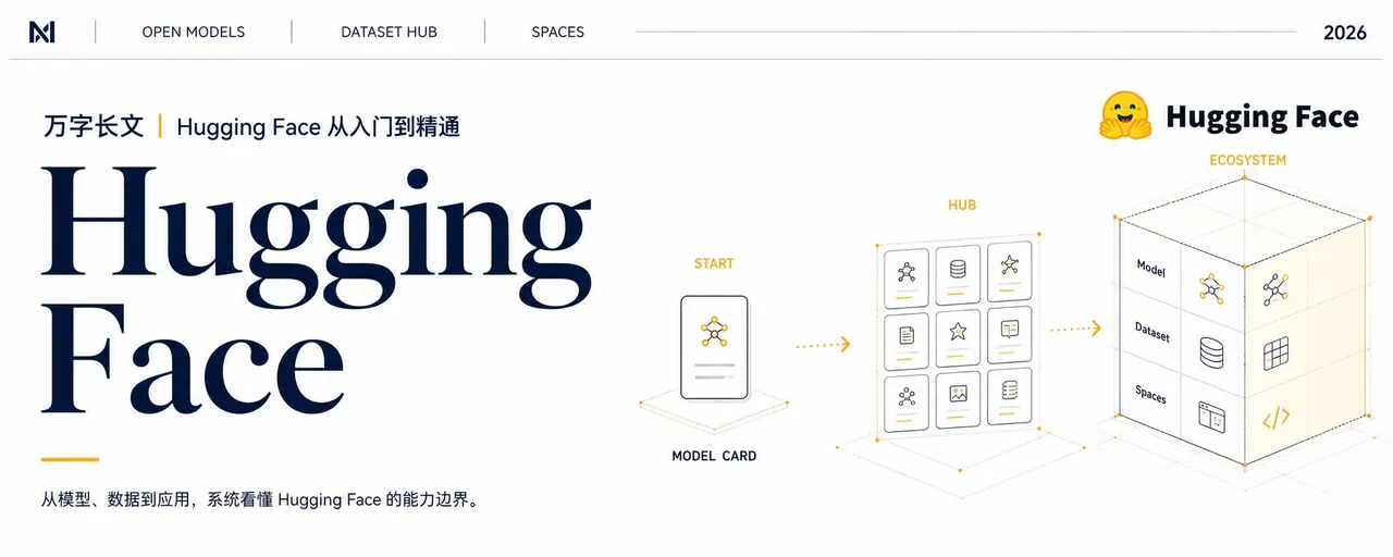 图片展示了Hugging Face平台的界面及功能架构。左侧是平台首页，有“OPEN MODELS”“DATASET HUB”“SPACES”等导航栏，下方文字介绍其从模型、数据到应用的能力边界。中间部分以手机图标和“MODEL CARD”标识，展示模型卡片。右侧是平台生态体系图，包含“HUB”“ECOSYSTEM”“Model”“Dataset”“Spaces”等板块，以立方体形式呈现，右上角有“2026”字样。该图直观呈现了Hugging Face平台的结构与功能。