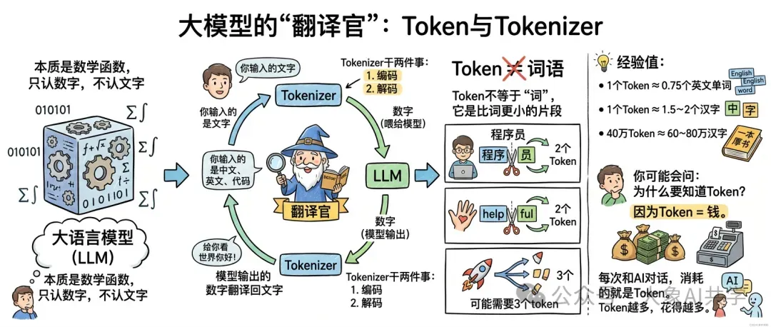 图片以“大模型的‘翻译官’:Token与Tokenizer”为主题,阐述了大语言模型(LLM)与Tokenizer的关系。LLM本质是数学函数,只认数字不认文字,Tokenizer负责将输入的中英文、代码等文字编码为数字,再将模型输出的数字解码回文字。图片还介绍了Token的定义,即比词更小的片段,如1个Token等于0.75个英文单词等,并以“翻译官”形象说明了Tokenizer在大模型中的作用,强调每次和AI对话消耗Token,Token越多花得越多。
