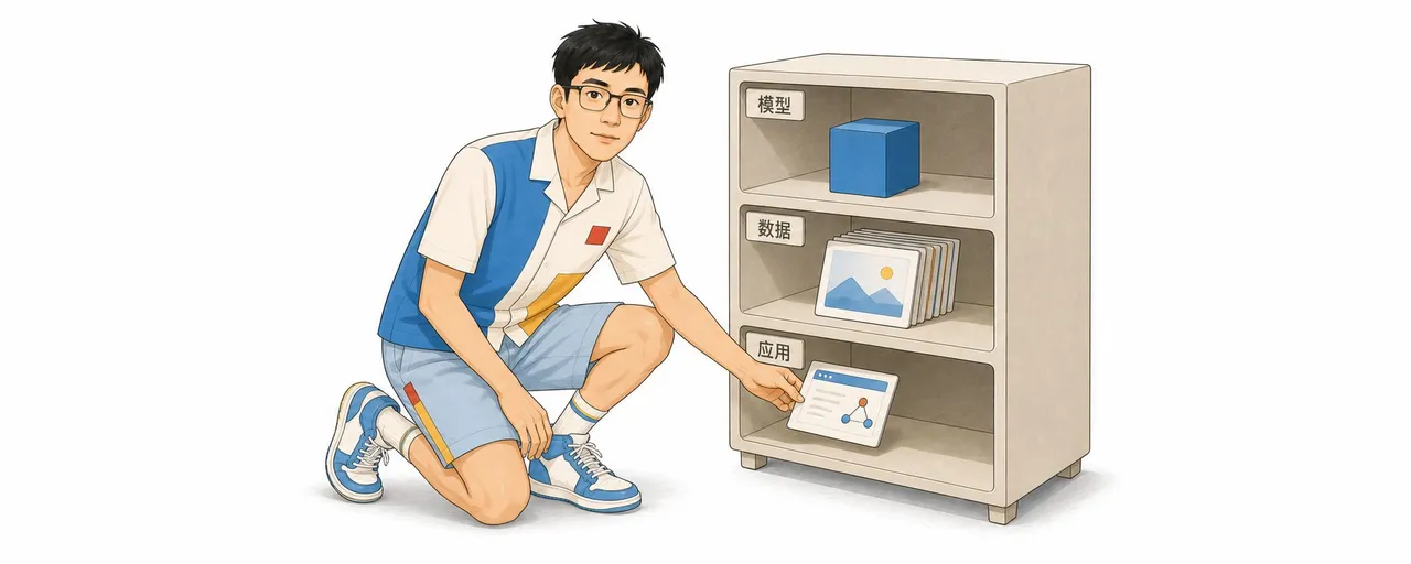 图片展示了一位戴眼镜的年轻男子，他蹲在书架旁，书架上摆放着蓝色立方体、带有图片的纸张和一张写有“应用”的纸。书架上还贴有“模型”“数据”“应用”的标签。该图片位于介绍Hugging Face资源使用方式的文档中，与上下文紧密相关，直观呈现了文档中提到的模型、数据、应用等资源的展示形式，帮助读者更好地理解文档内容。