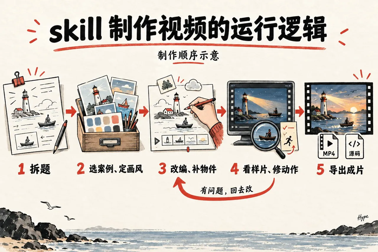 图片展示了Codex生成“Claude感”动画skill制作视频的运行逻辑。分为5个步骤：1. 拆题，以灯塔和帆船为素材；2. 选案例、定画风，有多种画风选择；3. 改编、补物件，添加人物等；4. 看样片、修动作，有放大镜标识；5. 导出成片，生成MP4格式。中间有“有问题，回去改”的箭头标识，表明若出现问题可返回修改。此图与文档中介绍skill制作流程的内容相契合，直观呈现制作步骤。