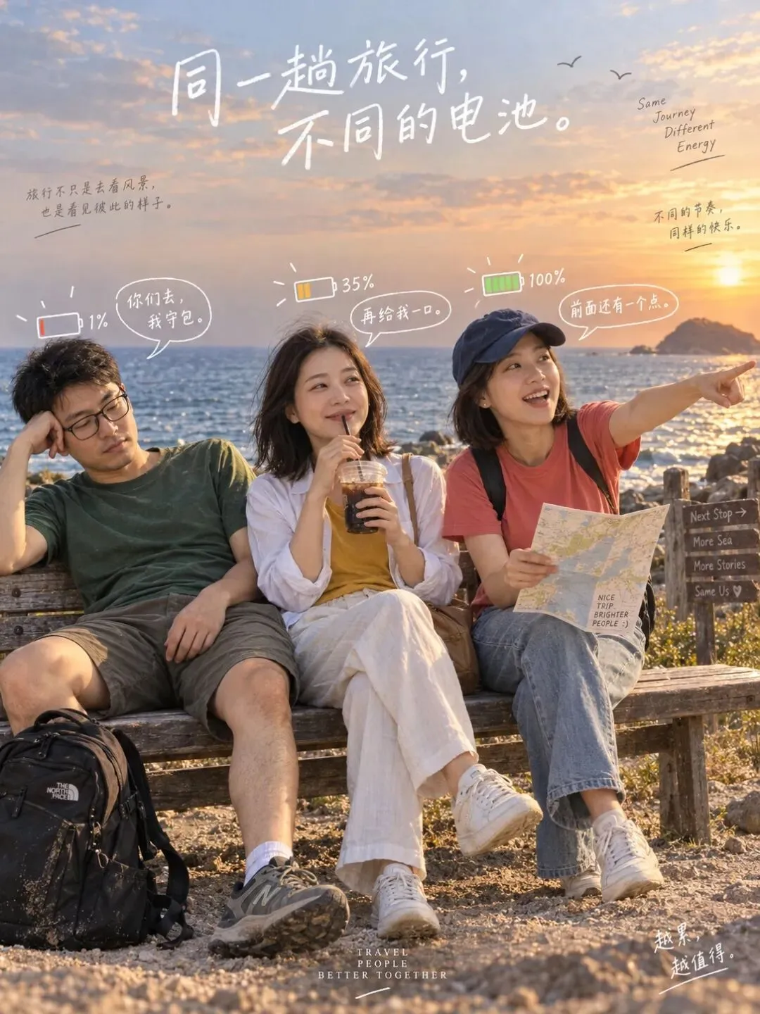 三位真实摄影质感的同行者坐在海边长椅上,呈现不同的旅行电量