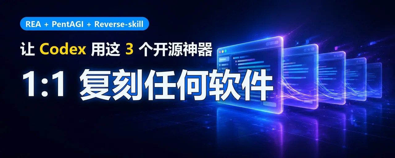 图片展示的是一个宣传海报，背景为深蓝色，带有科技感的线条和光效。上方有蓝色文字“REA + PentAGI + Reverse-skill”，下方大字写着“让 Codex 用这 3 个开源神器 1:1 复刻任何软件”，并配有四块显示代码的屏幕图案。该图片与文档中介绍的软件开发完整工作流相关，直观呈现了使用REA、PentAGI、Reverse-skill这三个开源神器，让Codex实现1:1复刻任何软件的功能。