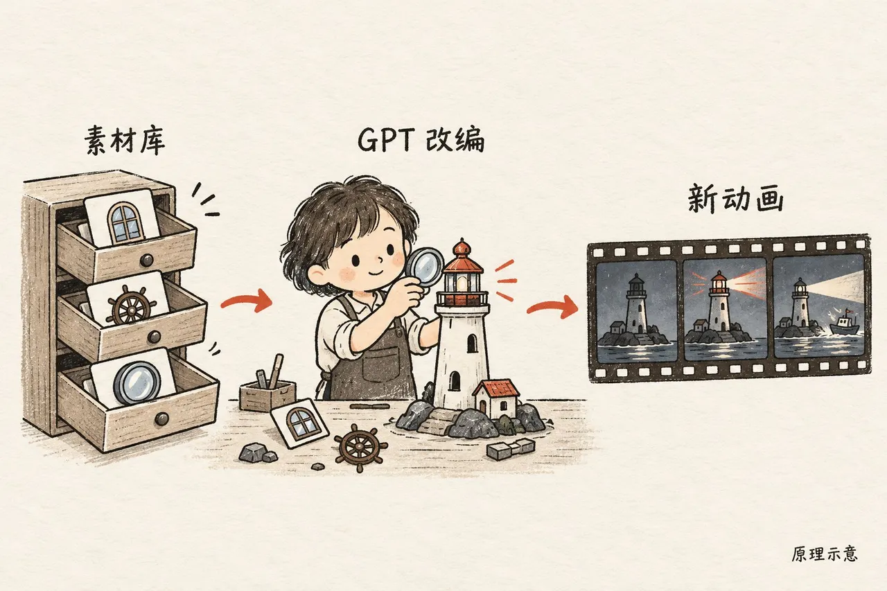 这是Codex生成“Claude感”动画的原理示意图，核心展示了该动画skill的生成流程：左侧是存放灯塔、船舵、镜片素材的素材库，中间的角色通过GPT改编处理素材，右侧则输出了贴合需求的新动画片段。结合文档上下文来看，这一示意图对应了该skill生成的第一步“判断需求与匹配素材”环节，清晰呈现了从素材到成片的转化路径，直观体现了基于题目需求改编生成动画的核心逻辑。