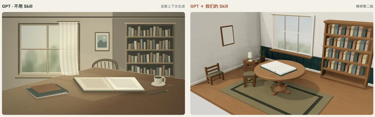 图片展示了使用GPT和使用GPT + 作者技能生成的阅览室场景对比。左侧为GPT生成的场景，右侧为GPT + 作者技能生成的场景。右侧场景中，书桌旁多了一把椅子，书桌上多了两本书，书架上书本排列更整齐，书架旁多了一个小桌子，上面放着一个台灯，还多了一本打开的书。右侧场景在细节上更为丰富，体现了技能对生成内容的优化。