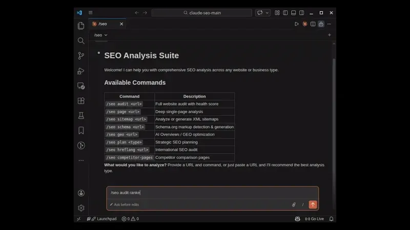 Claude SEO /seo audit 演示：并行子代理生成优先级行动计划