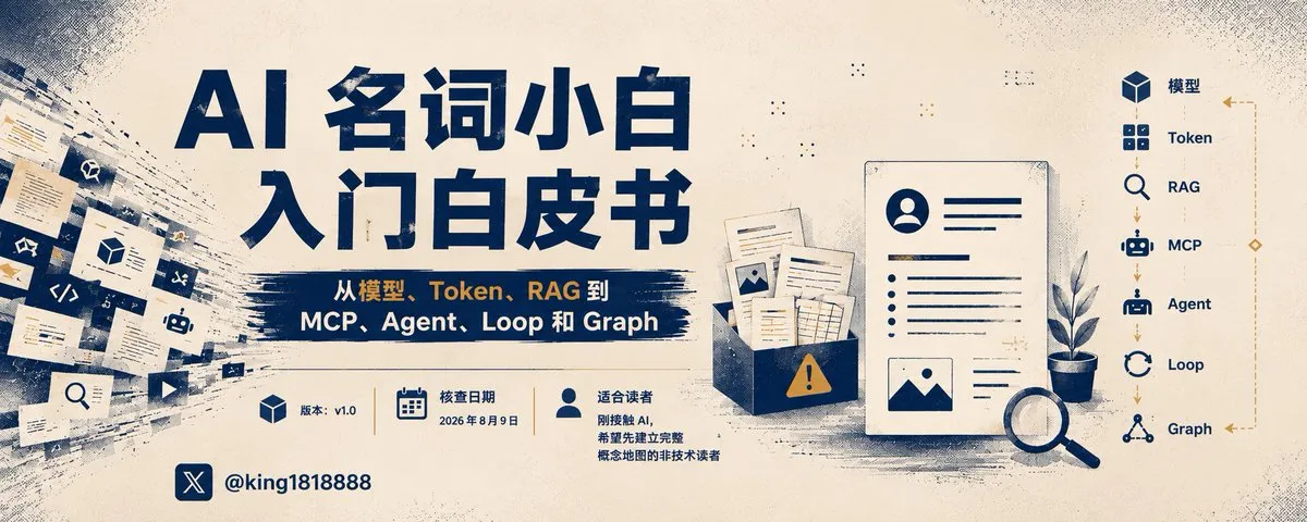 图片是《AI名词小白入门白皮书》的封面。左侧背景为蓝色调,有代码、机器人等图标。右侧是白色纸张,上面有个人信息、文件等图标。右侧还有一盆绿植和放大镜。右侧文字介绍白皮书版本为v1.0,核查日期为2026年8月9日,适合刚接触AI、希望先建立完整概念地图的非技术读者。右侧有“模型”“Token”“RAG”“MCP”“Agent”“Loop”“Graph”等标识,与文档中提到的AI相关名词对应。