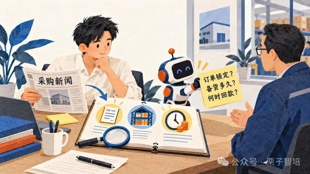 图片为示意插画,左侧男子手持报纸,报纸上写有“采购新闻”,并有放大镜指向一张文件。右侧机器人手持写有“订单锁定?备货多久?何时回款?”的纸牌。画面背景为办公室和仓库,有植物、文件等物品。该插画与上下文紧密相关,上下文提到采购新闻是线索,订单、备货和回款需现场核实,此图直观呈现了从采购新闻到现场核实的场景,辅助说明相关内容。