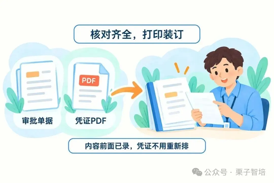 这张图是关于AI费用报销中材料自动处理与归档的相关内容,图中明确标注了需打印的两类材料,分别是审批单据与凭证PDF,对应文档中提到的报销时不用再手动调整排版的内容。图中用箭头呈现了将这两类材料交由工作人员核对后装订的流程,同时配有两处文字说明,上方文字为“核对齐全,打印装订”,下方文字为“内容前面已录,凭证不用重新排”,直观展现了报销材料处理的具体操作要点,契合文档中彻底告别Word排版、自动处理报销材料的描述。