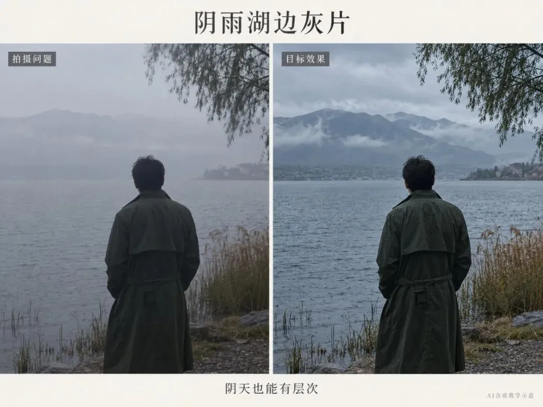 阴雨湖边灰片