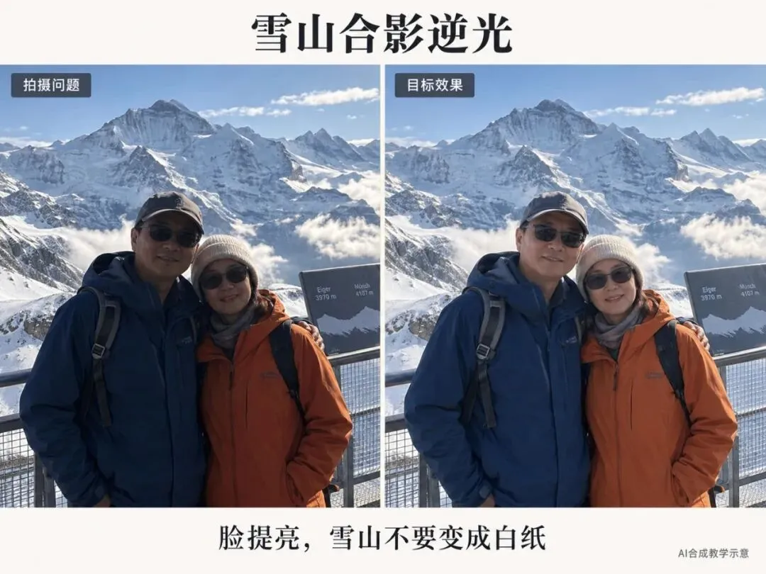 雪山合影逆光