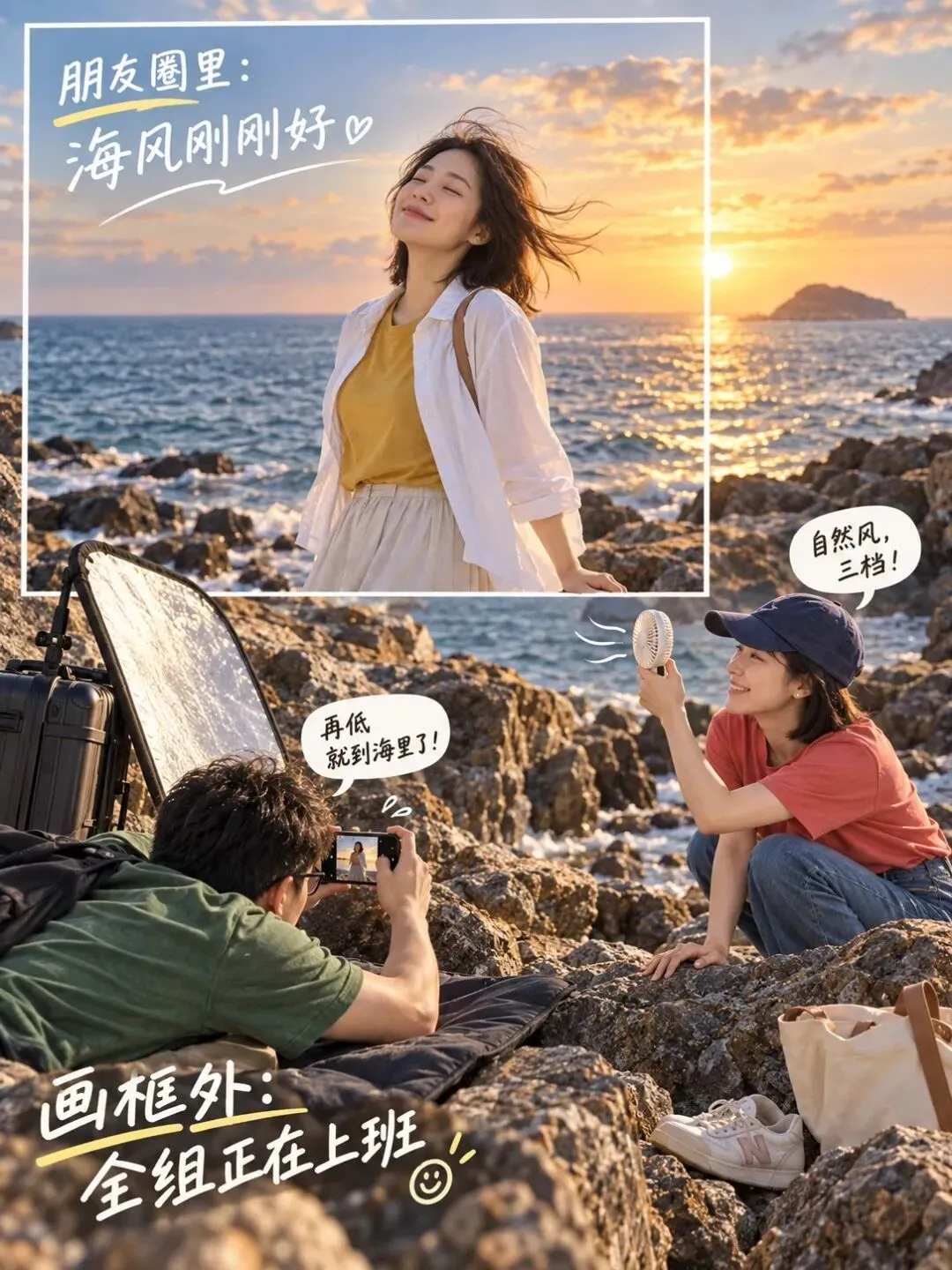 朋友圈海边成片之外,朋友正在低机位拍摄和举风扇造风