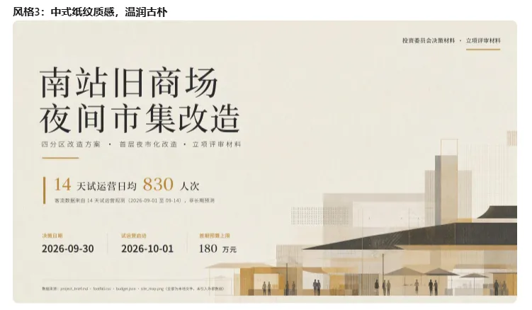 这张图片是WorkBuddy实现PPT自由的相关成果展示，为风格3中式纸纹质感的《南站旧商场夜间市集改造》立项评审材料PPT页面。该页面内容包含四分区改造方案、首层夜市化改造等立项评审相关信息，还标注了14天试运营日均830人次的试运营数据，以及决策日期2026-09-30、试运营启动日期2026-10-01、预期招商上限180万元等关键节点与数据，背景搭配浅中式建筑线稿，契合中式风格的温润古朴质感，和上下文提及的中国风美化需求相呼应，且该PPT的文案未被修改，仅调整了版式与配色。