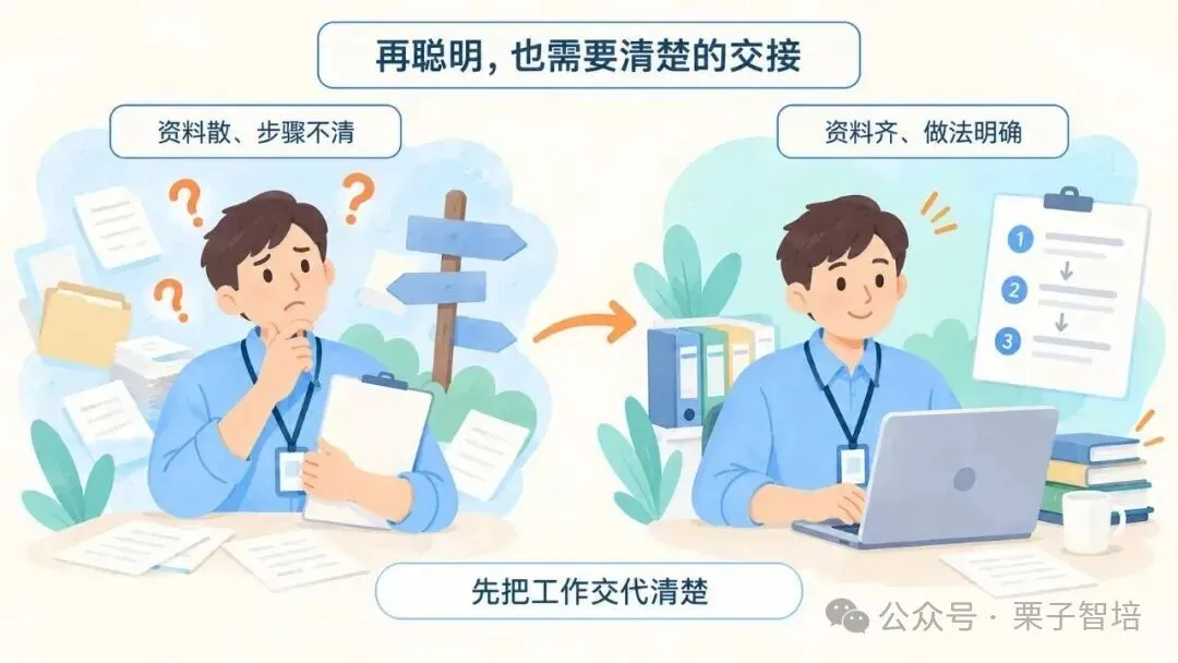 图片展示了工作交接的两种情况。左侧,一位员工手持文件夹,周围散落着文件,表情困惑,上方文字为“资料散、步骤不清”。右侧,另一位员工手持文件夹,旁边有“1”“2”“3”标识的步骤,表情自信,上方文字为“资料齐、做法明确”。下方文字总结“先把工作交代清楚”。此图与上下文紧密相关,直观呈现了资料不齐、步骤不清时的困惑与资料齐、做法明确时的自信,强调了工作交接清晰的重要性。