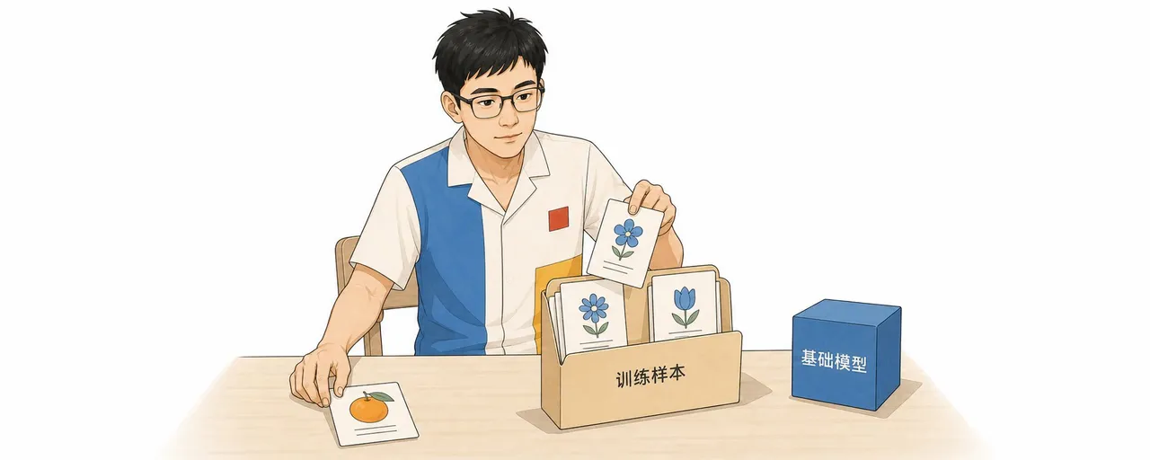 图片展示了一位坐在桌前的男子，桌上摆放着一个装有蓝色花朵卡片的纸箱，旁边有“训练样本”字样，还有一张橙色卡片和一个蓝色盒子，盒子上标有“基础模型”。该图与文档中介绍模型微调的内容相关，通过形象化的方式说明了在已有模型基础上，用适合的样本继续训练，让表现朝某个目标调整的过程，直观呈现了训练样本、基础模型等关键概念。