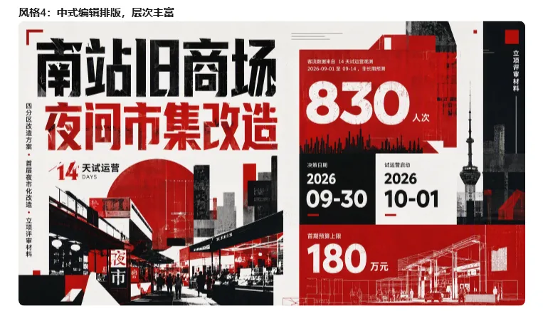这张图片展示了中国风编辑排版的样式，对应文档中提及的“一句话把风格搬过来”的中国风美化实测内容，画面为“南站旧商场夜间市集改造”的相关设计，包含“14天试运营”“830人次”“2026年09月30日至10月01日”“180万元”等关键信息，搭配城市夜景、市集相关元素，整体采用红黑配色，版式层次丰富，符合文档中所说的贴合市场主题的美化样式。