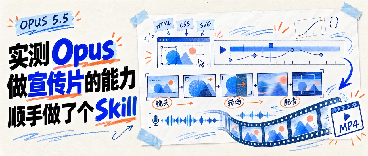 图片展示了Opus 5.5制作宣传片的能力，以手绘风格呈现。左侧有“OPUS 5.5”字样，中间是“实测Opus做宣传片的能力 顺手做了个Skill”标题。右侧展示了HTML、CSS、SVG等技术元素，以及镜头、转场、配音等制作流程，还有一条带有声音波形的胶片带，标注“MP4”。该图与文档中作者实测Opus做宣传片能力的内容相关，直观呈现了制作过程。